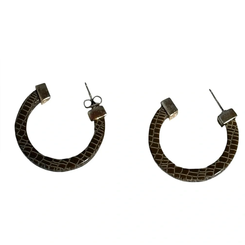 Ralph Lauren Brown Crocodile-Embossed Hoop Earrings
